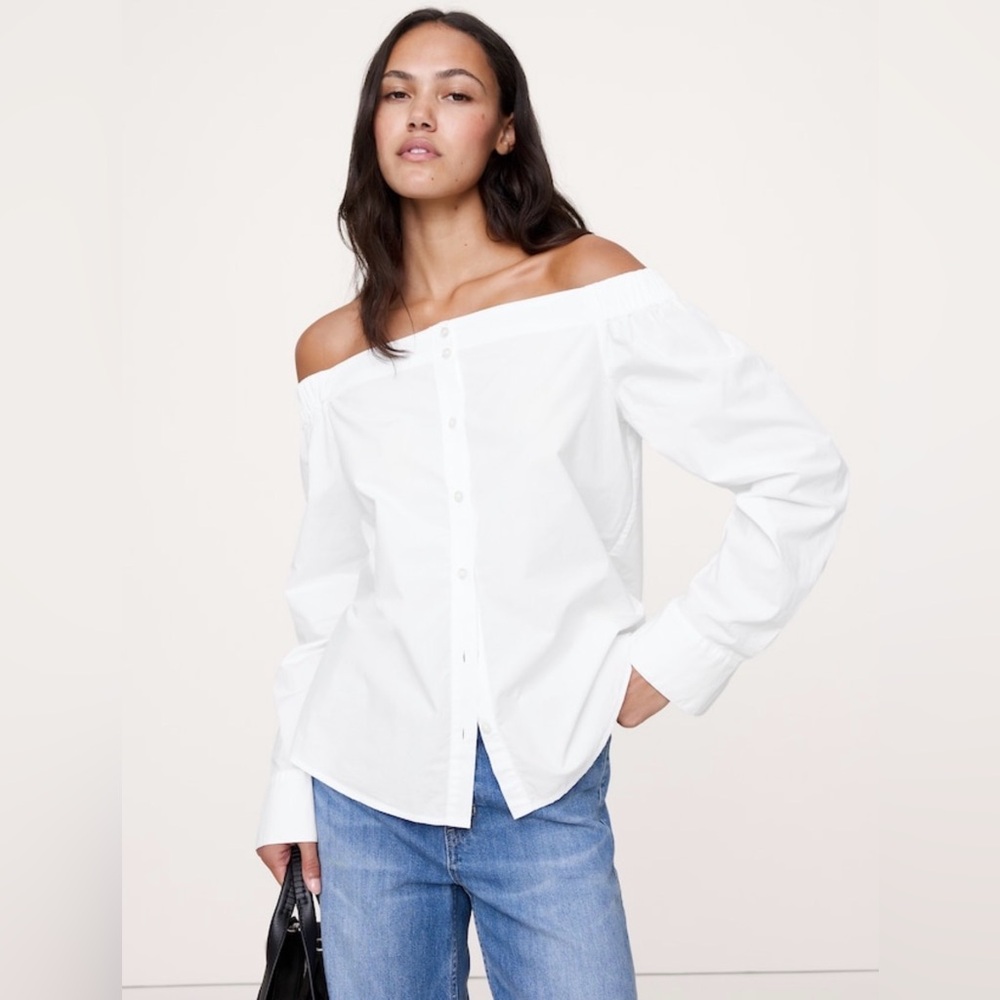 NWT! Super Cute! Banana Republic Cotton Poplin Off The Shoulder Top in White